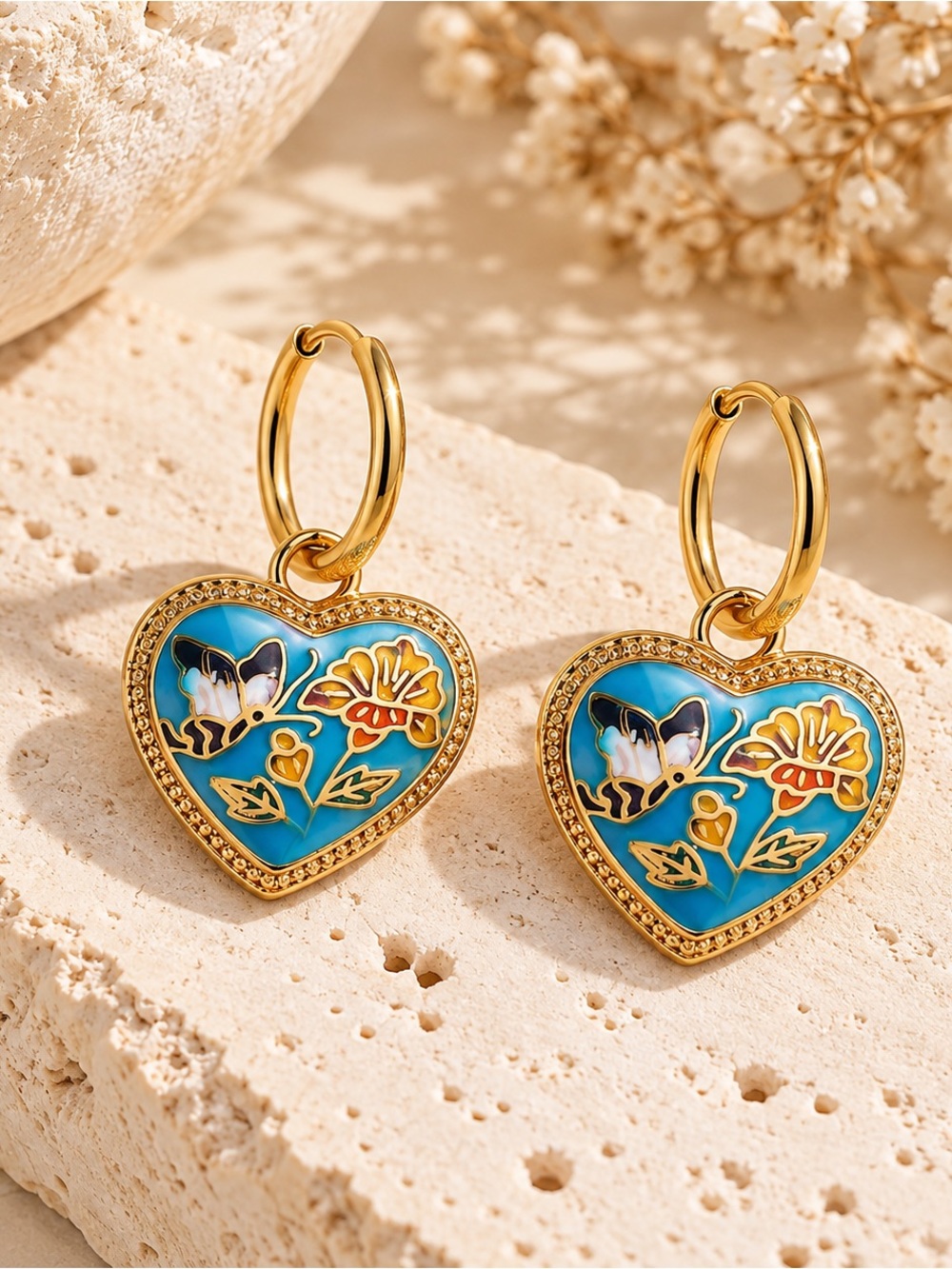 French Vintage Inspired Turquoise Heart & Butterfly Earrings